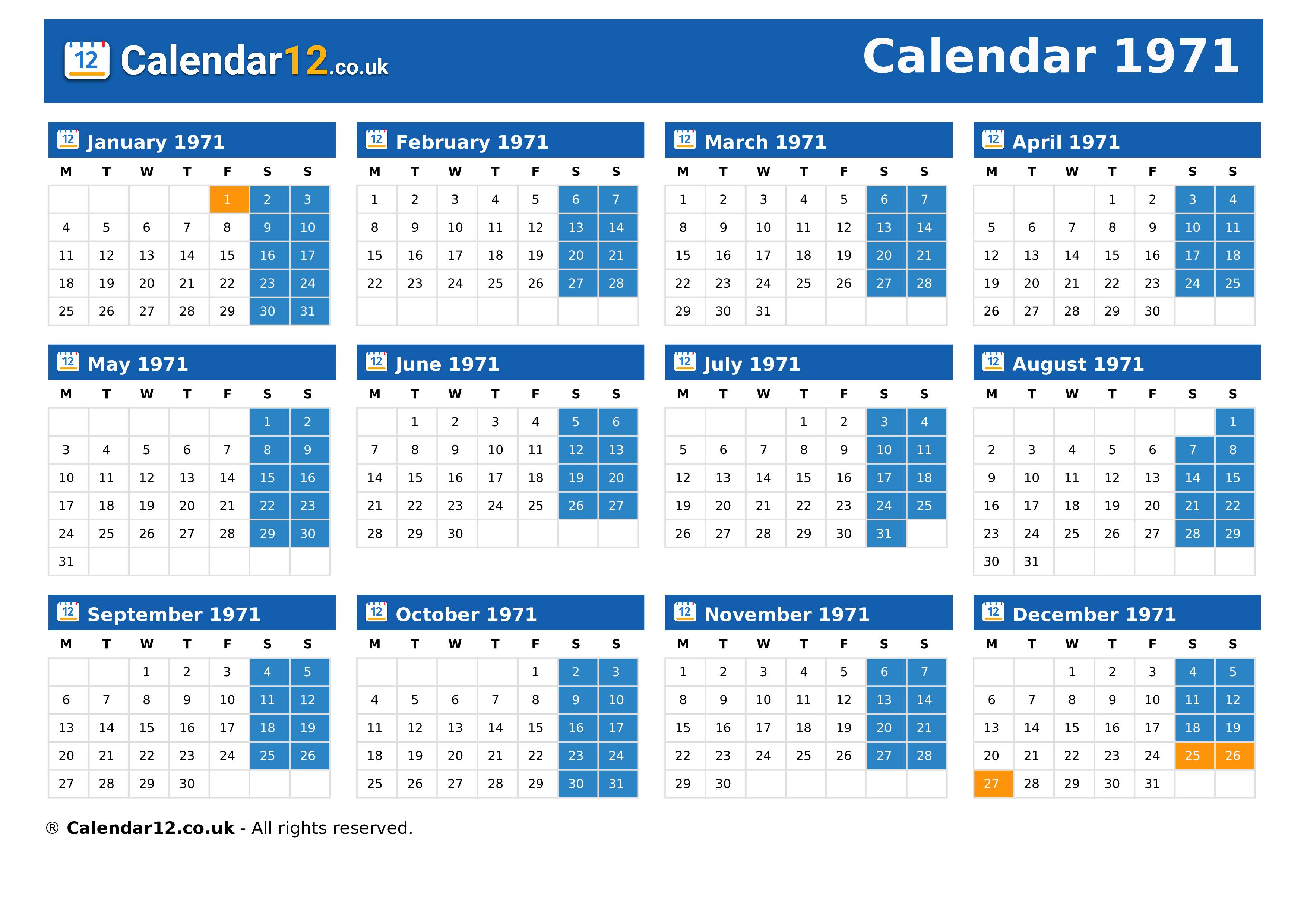 Calendar 1971 Uk ⬅️ — Calendar12.Co.uk