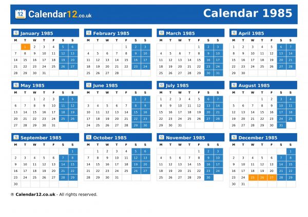 Calendar 1985