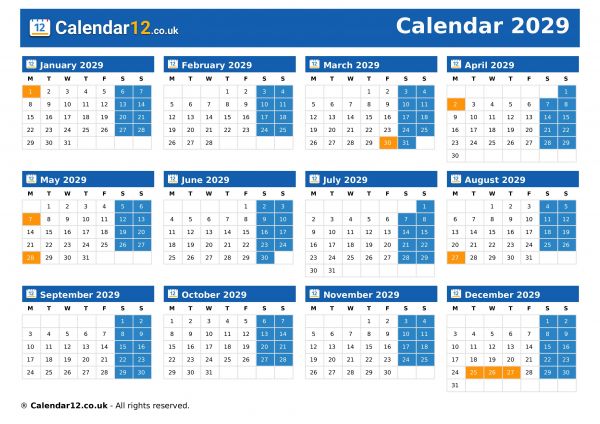 Calendar 2029